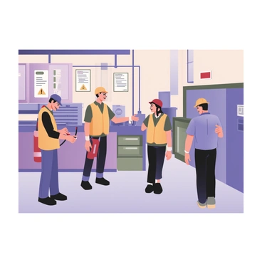 A digital flat illustration depicting a factory interior during a safety drill. Several workers are actively participating in the drill. One worker, wearing a bright orange safety vest and a hard hat, is demonstrating the use of a fire extinguisher. Another worker, dressed in a blue shirt and black pants, is practicing evacuation procedures by guiding a small group towards a clearly marked exit. In the background, safety posters are visible on the walls, detailing emergency protocols. The factory equipment, such as machinery and storage shelves, is visible, adding to the industrial setting. The atmosphere conveys a sense of focus and teamwork among the workers.