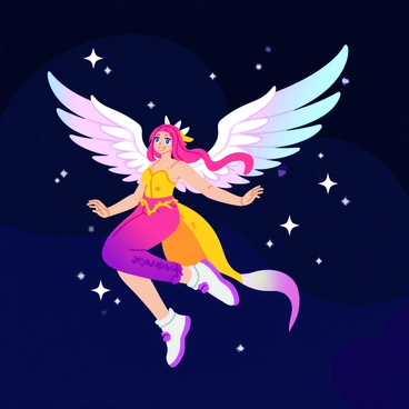 An anime character with large, ethereal wings that shimmer with iridescent colors is soaring through a dark, starry sky. The character has long, flowing hair that billows in the wind, and they wear a vibrant, detailed outfit adorned with intricate patterns. The stars twinkle brightly around them, creating a magical atmosphere. The wings extend gracefully, showing off their delicate feathers as they catch the light, enhancing the character's dynamic pose in mid-air.
