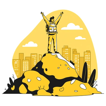 A lone hiker standing triumphantly at the summit of a hill. The hiker is wearing a backpack and outdoor gear, and their arms are raised in celebration. The terrain of the hill is rocky with patches of grass and dirt. In the distance, a sprawling city can be seen, with numerous buildings and structures sprawling beneath a clear sky. The light catches the hiker's silhouette, emphasizing their achievement against the backdrop of the cityscape below.