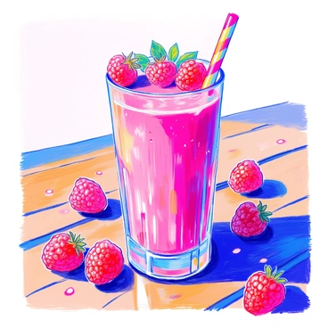 A tall glass filled with a vibrant raspberry smoothie sits on a wooden table. The smoothie has a rich pink color with a smooth texture. Fresh raspberries are placed on the rim of the glass, adding a pop of red. There is a colorful straw inserted into the glass. In the background, a few whole raspberries are scattered on the table surface, complementing the drink. The light reflects off the glass, giving it a refreshing appearance.
