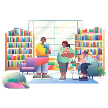 A cozy art library with illustrators browsing through shelves filled with art books and sketching