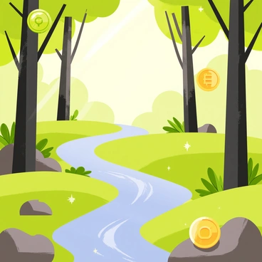 A forest with tall, slender trees and a soft, gently flowing river. The ground is covered with lush green grass, and the leaves are tiny, glowing “cryptocurrency signs” in vibrant colors like green, gold, and blue. Sunlight filters through the trees, casting dappled light on the forest floor. Some of the glowing signs are floating gently in the air, while others are nestled among the branches, adding a magical touch to the scene.
