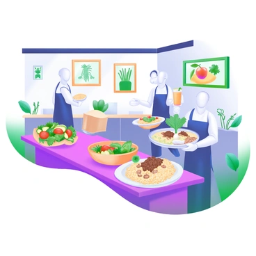 A modern pastel illustration showcasing a restaurant interior with a warm, inviting atmosphere. On the tables, there are vibrant plant-based dishes, including a colorful salad with mixed greens, tomatoes, and avocado, a bowl of quinoa adorned with roasted vegetables, and a smoothie bowl topped with fresh fruits and nuts. The walls are decorated with green plants and artwork featuring fresh produce. Diners can be seen enjoying their meals, with a friendly staff member serving a dish. The overall ambiance reflects a commitment to healthy, plant-based dining.