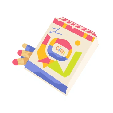 A matchbox with a rectangular shape and a colorful, retro advertisement design on the front. The advertisement features an image of a classic product, such as an old-fashioned soda bottle, with vibrant colors and bold lettering. The background of the design includes geometric patterns and stripes, enhancing the vintage feel. The matchbox is positioned slightly open, revealing the striking matches inside.