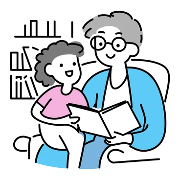 A grandparent with gray hair and glasses is sitting in a cozy armchair, holding an open storybook. The grandparent is wearing a light blue cardigan over a white shirt. A young child with curly brown hair is sitting on the grandparent's lap, looking up with wide eyes. The child is dressed in a colorful t-shirt and smiling brightly, clearly captivated by the story. Soft, warm lighting fills the room, creating a welcoming atmosphere, with bookshelves filled with various children's books in the background.