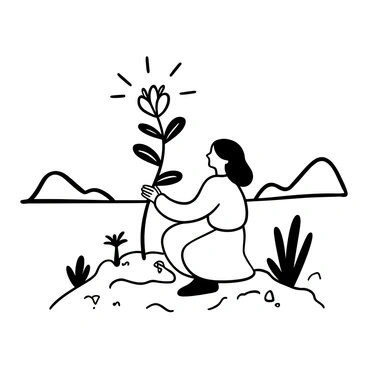 A saint wearing a flowing robe kneels in a barren landscape, gently cradling a withered plant in their hands. Surrounding the saint, the ground is cracked and dry, emphasizing the desolation of the environment. Above the saint, there is a soft glow emanating, suggesting a divine presence. Small shoots of green begin to emerge from the soil around the plant, indicating the revival process. In the background, there are distant mountains silhouetted against the sky.