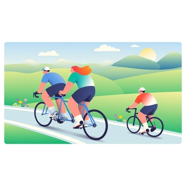 Two teams of cyclists are riding tandem bikes along a winding countryside route. The first team consists of two riders wearing bright blue jerseys, their hair blowing in the wind as they pedal vigorously. The second team, dressed in vibrant red jerseys, is slightly behind them, focused on catching up. Lush green fields stretch out on either side of the path, dotted with wildflowers in yellow and purple. In the background, rolling hills rise under a clear blue sky, while a few fluffy white clouds drift by. The sun casts a warm glow over the entire scene, highlighting the cyclists' determination and the beauty of the landscape.