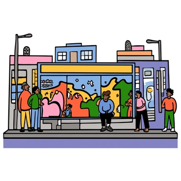 A bus stop decorated with vibrant street art and murals