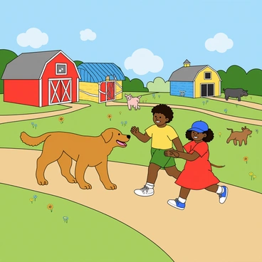 A friendly golden retriever with a shiny coat is leading a group of three children on an adventure around a vibrant farm. The dog has a big smile and its tail is wagging energetically. One child, with curly brown hair and wearing a yellow t-shirt, is holding the dog's leash. Another child, sporting a blue cap and green shorts, is laughing joyfully as they run alongside. The third child, with straight black hair and a red dress, is skipping happily behind them. 

The farm is filled with colorful barns painted in shades of red, blue, and yellow. There are green fields with bright flowers, and a few playful farm animals like a pig and a goat, peeking curiously at the fun group. In the background, a clear blue sky is dotted with fluffy white clouds, adding to the cheerful atmosphere of the scene.