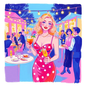 A pin-up girl is standing gracefully at an outdoor evening party. She has vibrant red lips and her hair is styled in soft waves, adorned with a small flower accessory. She is wearing a fitted, polka-dotted dress that highlights her figure and has a sweetheart neckline. In one hand, she elegantly holds a cocktail glass filled with a colorful drink, garnished with a slice of citrus and a small umbrella. The background features festive string lights hanging above, casting a warm glow, and there are small tables with elegant tableware scattered around. A few guests in smart attire can be seen chatting and enjoying the ambiance.