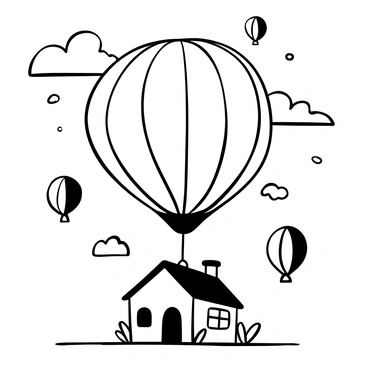 A giant balloon with a rounded shape and intricate patterns is lifting a small house securely attached to its underside. The house has a triangular roof and a chimney, with windows on each side. The background features a sky filled with fluffy clouds and a variety of shapes and sizes of balloons scattered throughout the scene, all rendered in black and white. The balloon casts a soft shadow on the house below, creating a sense of depth in the image.