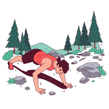 An athlete with a determined expression is performing diamond push-ups on a rugged, rocky terrain located in the middle of a hiking path. The athlete is wearing a bright red tank top and black shorts, with sweat glistening on their forehead. Surrounding them are scattered rocks and patches of grass, indicating the natural setting. In the background, tall pine trees rise on either side of the hiking path, creating a sense of depth in the scene. The sun is shining brightly, casting defined shadows on the ground.
