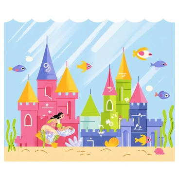 An underwater kingdom featuring colorful coral palaces adorned with intricate designs. "Mermaids" with flowing hair and shimmering tails swim gracefully around the palaces. Various fish of different shapes and sizes move through the water, adding vibrant colors to the scene. Sunlight filters down through the water, casting sparkling patterns on the sandy ocean floor. Seaweed sways gently with the current, creating a lively atmosphere in the underwater realm.