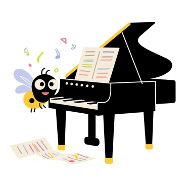 A cartoon-style illustration of a small black fly sitting at a grand piano. The fly has oversized eyes and a cheerful expression. The grand piano is shiny and black, with its lid open, revealing the white and black keys. Scattered around the piano, there are several sheets of music with colorful notes drawn on them. In the background, there are musical notes floating in the air, creating a lively atmosphere.