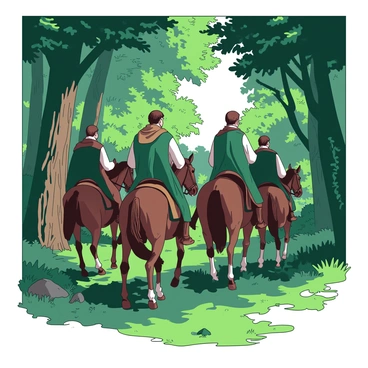 A noble hunting party is riding on horseback through a dense medieval forest. The horses are strong and sleek, with rich brown and black coats. The riders are dressed in elegant hunting attire, complete with green and tan cloaks flowing behind them. Sunlight filters through the thick canopy of leaves above, casting patterned shadows on the forest floor. In the background, tall trees with textured bark rise majestically, and patches of underbrush peek through the foliage. A sense of adventure fills the scene as the hunters focus on their search for game.