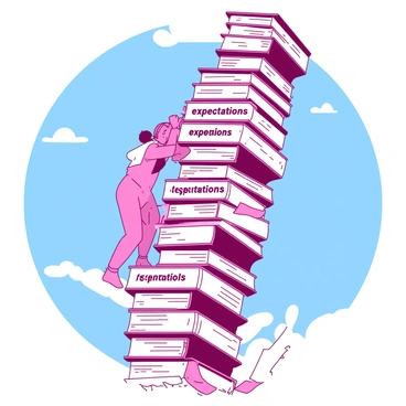 A pink person is climbing a tall, precarious tower made of white stacks of books. Each stack is labeled with the word "expectations" in bold letters. The person is reaching upward, gripping the edge of one of the book stacks with determination. Some books are sliding off the tower, adding a sense of tension to the scene. The sky in the background is a gradient of blue, emphasizing the height of the tower.