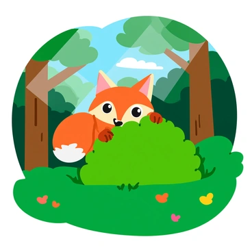 A playful illustration of a fox with bright orange fur and a bushy white-tipped tail peeking out from behind a green bush in a dense forest. The fox's large, curious eyes are wide open, and its ears are perked up, indicating alertness. The bush has vibrant green leaves, and small colorful flowers can be seen scattered among the foliage. Tall trees with rich brown trunks and lush green canopies surround the scene, creating a sense of depth in the forest. Soft rays of sunlight filter through the leaves, casting light and shadow across the forest floor.
