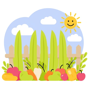 A bright farm scene features several straight rows of tall green beanstalks reaching towards the sky. Various colorful vegetables are scattered throughout the farm, including orange carrots, red tomatoes, and yellow bell peppers. A clear blue sky fills the background, with fluffy white clouds drifting by. A wooden fence surrounds the farm, adding rustic charm to the landscape. A sun with a smiling face shines down on the vibrant scene, enhancing the cheerful atmosphere.