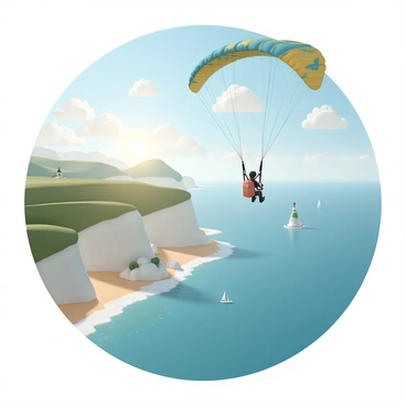 A paraglider, wearing a bright red harness and a helmet, is floating above a breathtaking coastal landscape. Below, there are steep cliffs lined with vibrant green vegetation and sandy beaches. The ocean sparkles in shades of blue and turquoise, with gentle waves lapping against the shore. Fluffy white clouds drift across a clear sky, while the sun casts warm golden light over the scene. In the distance, a small lighthouse can be seen perched on a rocky outcrop, and a few sailing boats are dotting the water. The paraglider’s colorful canopy, patterned with shades of blue and yellow, contrasts beautifully against the natural backdrop.
