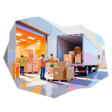 A scene depicting goods being transferred from a warehouse to a truck under the Free Carrier (FCA) incoterm. The warehouse is a large, industrial building with sliding doors open wide, showcasing neatly stacked boxes and pallets. Several workers, wearing safety vests and helmets, are loading the goods onto the back of a large, silver truck parked outside. The truck's cargo area is spacious and filled with various items, including boxes and crates labeled with barcodes. The worker closest to the truck is carefully checking inventory on a handheld device, while another worker is lifting a box, showcasing teamwork during the loading process. The surroundings feature an organized loading dock area with clear loading signs and safety barriers.