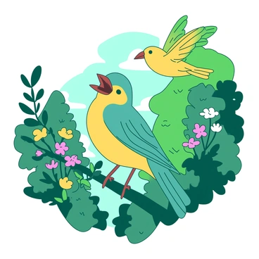 Birds with colorful plumage singing harmoniously in a magical forest glade
