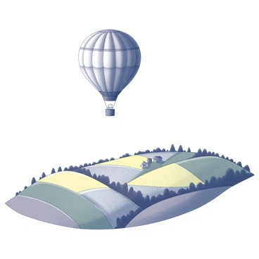 A hot air balloon floats gently in the sky above a patchwork countryside. The balloon is round and spacious, with a distinctive wicker basket hanging beneath it. Below, the landscape is divided into fields of varying sizes and shapes, each section showcasing different patterns and textures. There are green fields interspersed with patches of yellow and darker areas indicating trees or shrubs. A few scattered farmhouses are visible within the landscape, blending harmoniously with the rural surroundings. The sky above is clear, allowing for an unobstructed view of the serene scene below.