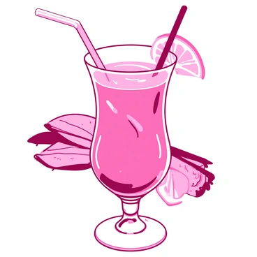 A pink rhubarb cocktail is presented in an elegant, tall glass with a curved shape. The drink has a vibrant, refreshing hue and is garnished with a thin slice of lemon placed artfully on the rim. The glass is adorned with a delicate straw that swirls inside the drink, reflecting light. In the background, there is a subtle hint of a wooden bar top, adding warmth to the scene.