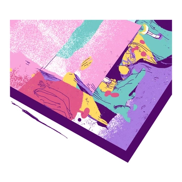 A close-up view of a painting features intricate texture and brushwork details. Various strokes of color create depth, with layered paints visible in different sections of the canvas. The surface exhibits a mix of vibrant hues and subtle gradations, enhancing the visual complexity. Light reflects off the uneven texture, highlighting the artist's technique.