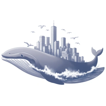 A massive whale swims gracefully through the ocean. On its back, a sprawling city is built, featuring numerous tall buildings with intricate architectural designs. The buildings are interconnected by pathways and bridges, showcasing a bustling urban environment. Surrounding the city, waves crash gently against the whale's back, adding movement to the scene. Above, seagulls fly, creating a lively atmosphere in this unique coastal setting. The horizon is visible in the background, hinting at distant shores.
