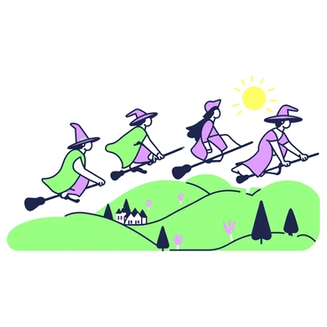 A group of witches is flying on broomsticks in a race over a scenic landscape. Each witch has a unique outfit; one wears a long green cloak with a pointed hat, while another has a flowing purple dress and a wide-brimmed hat. They are positioned at varying heights in the sky, some leaning forward with determination. Below them, there are rolling hills, dotted with green trees and purple flowers. The sky is clear, showcasing a bright sun illuminating the scene. In the distance, a small village with quaint houses can be seen, adding to the charm of the landscape.