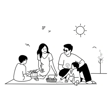 A family is sitting on a large picnic blanket spread out on the grass. The parents are smiling as they share a meal with their two children, who are laughing. The mother has her hair in a ponytail and is wearing a comfortable summer dress. The father is wearing a short-sleeved shirt and sunglasses. The children are playing with a small frisbee and sitting in front of a picnic basket filled with various foods. A few trees can be seen in the background, and there are birds flying overhead. The sun is shining brightly above.