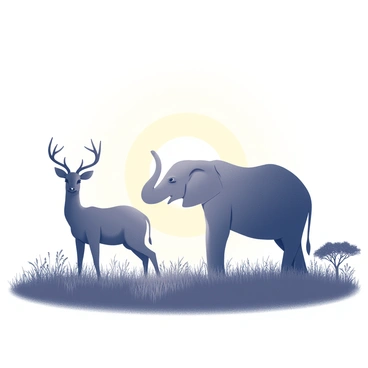 Silhouettes of a deer and an elephant standing in a vast savanna. The deer is positioned gracefully with its head held high, while the elephant stands nearby, its trunk slightly raised. The sun is setting on the horizon, casting a distinct outline of the animals against the bright light. The landscape features tall grasses and sparse trees typical of the savanna, creating a serene backdrop for the silhouettes.