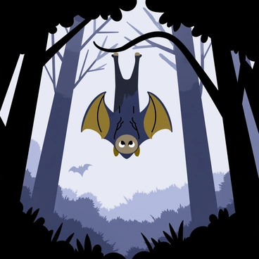 A bat with outstretched wings hanging upside down from a tree branch in a dense forest. The forest is filled with tall, dark trees that create a canopy overhead, partially obscuring the sky. A thick mist rises from the forest floor, shrouding the scene in an ethereal fog. Shadows dance among the trees, enhancing the mysterious atmosphere of the setting. The bat's fur is sleek and dark, blending into the shadows of the forest.