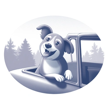 A dog with a joyful expression is sticking its head out of a car window. Its ears are flapping in the wind, creating a sense of movement. The dog has a shiny coat, and its tongue is slightly out as it enjoys the breeze. The car is in motion, hinting at a sunny day, with trees or landscapes visible in the background. The overall scene captures the excitement and freedom of a dog on a car ride.