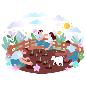 A group of students in casual clothing is gathered around a vibrant school farm. Some students are kneeling in the soil, planting small seedlings in neat rows, while others are gently petting a goat that stands nearby. Colorful flowers bloom in the background, adding life to the scene. A wooden fence surrounds the farm, and a variety of plants, such as tomatoes and carrots, can be seen growing in patches. A bright sun shines down, creating a cheerful atmosphere for the students as they engage with the environment.