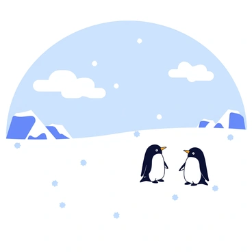 A flat, white landscape covered in soft snow that reflects a light blue hue. There are gently falling snowflakes scattered throughout the scene, creating a light mist effect. In the foreground, a small group of simplistic black and white penguins stands on the snow. In the background, there are smooth, rounded icebergs slightly visible against the horizon. The sky above is a pale blue with soft white clouds drifting lazily.