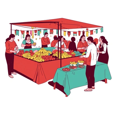 A local market scene photo turned into a lively and colorful illustration capturing the vibrancy of a bazaar