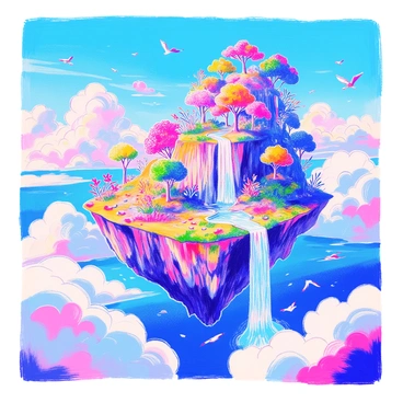 A lush floating island is situated high in the sky. The island is covered with vibrant green trees and colorful flowers. Waterfalls cascade from the edges of the island, spilling over and creating mist as they fall into a sea of fluffy white clouds below. The sky around the island is a bright blue with a few wispy clouds scattered throughout. Birds can be seen flying around the island, adding to the dynamic scene.
