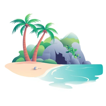A deserted tropical island is depicted, featuring tall, slender palm trees with swaying fronds. The sand is a soft beige color, stretching along the shoreline. In the background, a mysterious cave entrance is carved into a rocky cliff, partially obscured by lush green vines and vegetation. The cave's mouth is dark and inviting, contrasting with the bright sunlight illuminating the beach. Gentle waves lap at the shore, creating small ripples in the water, which is a vibrant turquoise hue. Small seashells are scattered on the sand, adding texture to the scene.