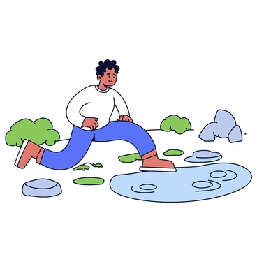 A person with a focused expression is performing squats in a tranquil Zen garden. The garden features smooth stones carefully arranged along a path and delicate patches of green moss. Nearby, there is an ornamental pond with clear water reflecting the surrounding elements. Subtle ripples spread across the pond's surface as a gentle breeze passes by. Soft, leafy shrubs frame the scene, providing a sense of calm and balance.