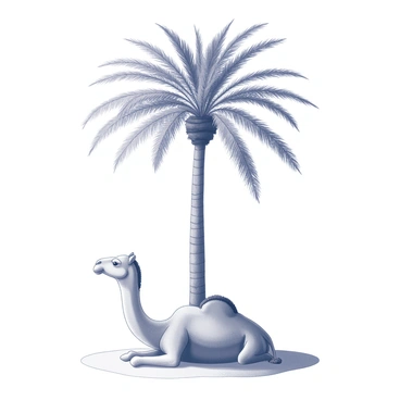 A camel is lying on the ground next to a tall palm tree. The palm tree has a thick trunk and long, arching fronds that create a shaded area. The camel is positioned comfortably on the sandy terrain, with its head resting on the ground. Sunlight filters through the palm fronds, casting intricate shadows on the sandy surface around the camel. The background features a clear sky, indicating a warm afternoon atmosphere.