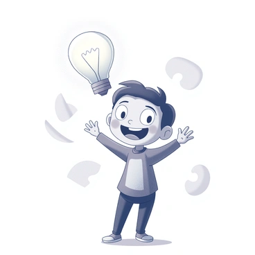 A cartoon character stands with a thoughtful expression. Above their head, there is a large, glowing "lightbulb" that represents a moment of inspiration. The character has exaggerated features, such as large eyes and a wide smile, conveying excitement. Their arms are raised slightly, as if they are celebrating this newfound idea. The background features simple shapes to keep the focus on the character and the lightbulb.