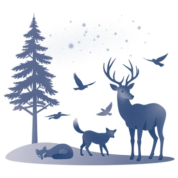Silhouettes of several animals are positioned against a night sky filled with stars. A majestic deer stands with its antlers reaching upward, while a group of birds take flight nearby. A tall tree is on one side, casting intricate shadows, and a small fox is curled up at its base. The background features a twinkling array of stars, creating a serene atmosphere.