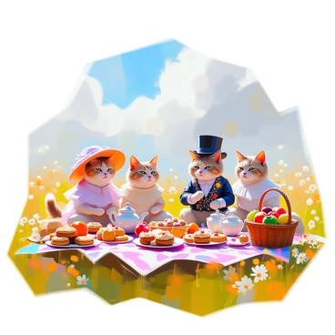A group of elegantly dressed cats in Victorian clothing is having a picnic in a sunny countryside meadow. One cat wears a lavishly embroidered waistcoat and a top hat, while another sports a frilly dress with a sun bonnet. They are seated on a checkered picnic blanket, surrounded by an assortment of colorful fruits, pastries, and a teapot. Wildflowers dot the meadow around them, and a gentle breeze rustles the grass. A basket filled with treats is nearby, and the sky is bright blue with fluffy white clouds.