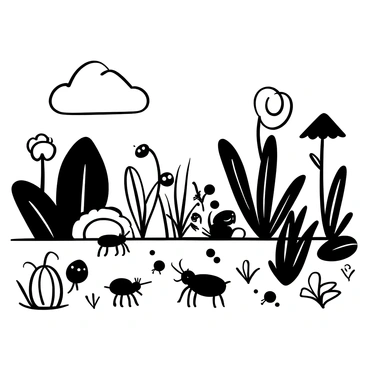A diverse ecosystem featuring various plants, animals, and insects interacting within their environment. Several plants exhibit signs of distress, with wilting leaves and stunted growth, representing the impact of polluted soil. In the foreground, a group of insects, including ants and beetles, scuttles across the barren ground, their movements emphasizing the challenge they face. A couple of animals, such as a small rabbit and a bird, are seen in the background, navigating through sparse vegetation. An ominous cloud hovers above, symbolizing the pervasive effects of pollution on biodiversity in the scene.