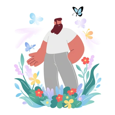 A large, sturdy figure resembling a man stands in a lush garden filled with vibrant flowers. The figure has a shaggy beard and is dressed in natural, earthy tones. Colorful butterflies of varying sizes and patterns flutter around him, creating a lively atmosphere. The garden is abundant with greenery and blooms in shades of red, blue, yellow, and purple. Some butterflies are perched on flowers, while others dance in the air, contributing to the enchanting scene. Sunlight filters through the leaves, casting soft patterns on the ground.
