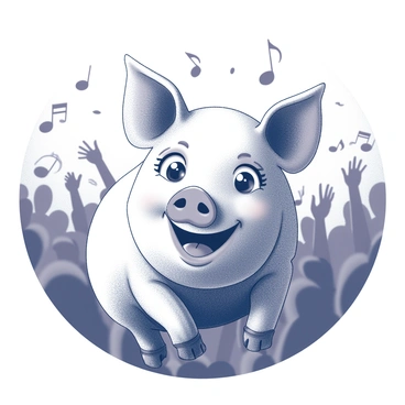 A pig face is prominently featured in the foreground, with large bright eyes and a broad smile. The pig's ears are perked up, showing its enjoyment of the lively atmosphere. The background is filled with a crowd of people, some with their hands raised, creating an energetic vibe. Musical notes are illustrated around the pig, highlighting the rhythm of the music. The scene captures a sense of movement, as the pig sways back and forth, fully immersed in the concert experience.