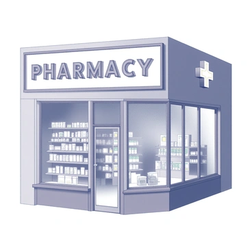 A pharmacy storefront with large glass windows displaying neatly arranged shelves filled with various pharmaceutical products. The entrance features a glass door, allowing a clear view of the interior. Prominently above the entrance is a glowing "neon cross sign," symbolizing the medical nature of the establishment. The sign is easily visible from the street, drawing in potential customers. The overall facade of the building has a clean, modern design, enhancing its welcoming appearance.