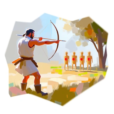 A hunter with tanned skin and a determined expression is practicing his spear throw in a grassy clearing. He is wearing a simple tunic and sturdy, weathered boots. In his hand, he grips a long, wooden spear, concentrating intently on his aim. In front of him, several targets made of straw are positioned at varying distances. The targets are shaped like humanoid figures, with the straw slightly swaying in the gentle breeze. The hunter's posture is athletic, showcasing his strength and focus as he prepares to launch the spear towards the nearest target. Trees line the edge of the clearing, adding depth to the outdoor setting.