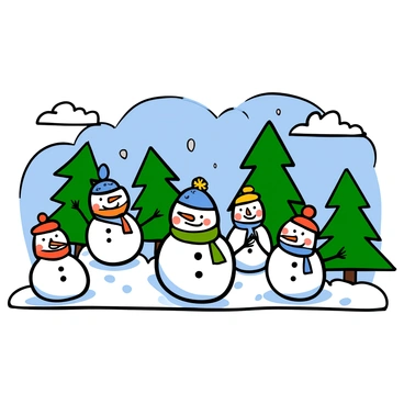 A snowy winter wonderland scene featuring several snowmen of various sizes, each with coal for eyes and carrot noses. The snowmen are dressed in colorful scarves and hats. Surrounding them are tall, green pine trees covered in a thick layer of snow. The ground is blanketed with fresh, untouched snow that sparkles in the light. In the background, fluffy clouds drift across a pale blue sky. The entire scene exudes a cheerful, festive atmosphere, perfect for wintertime fun.